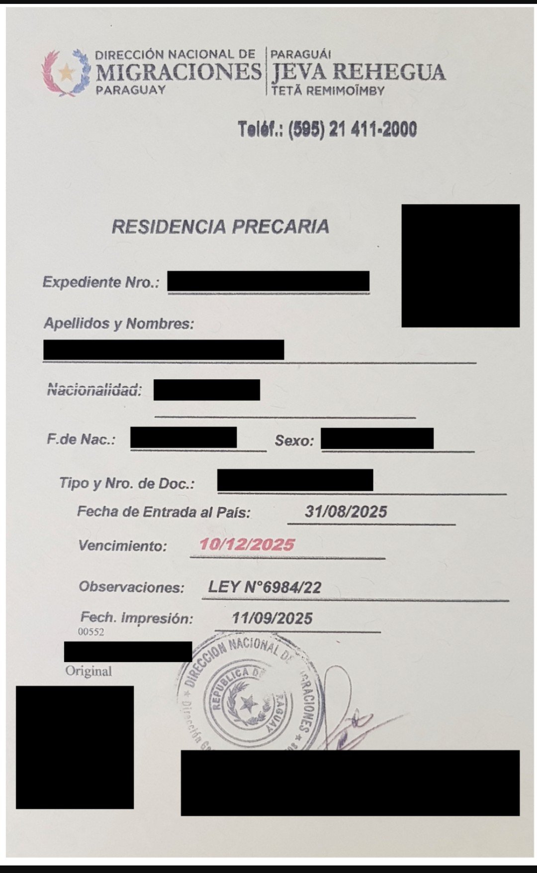 esempio permiso temporal